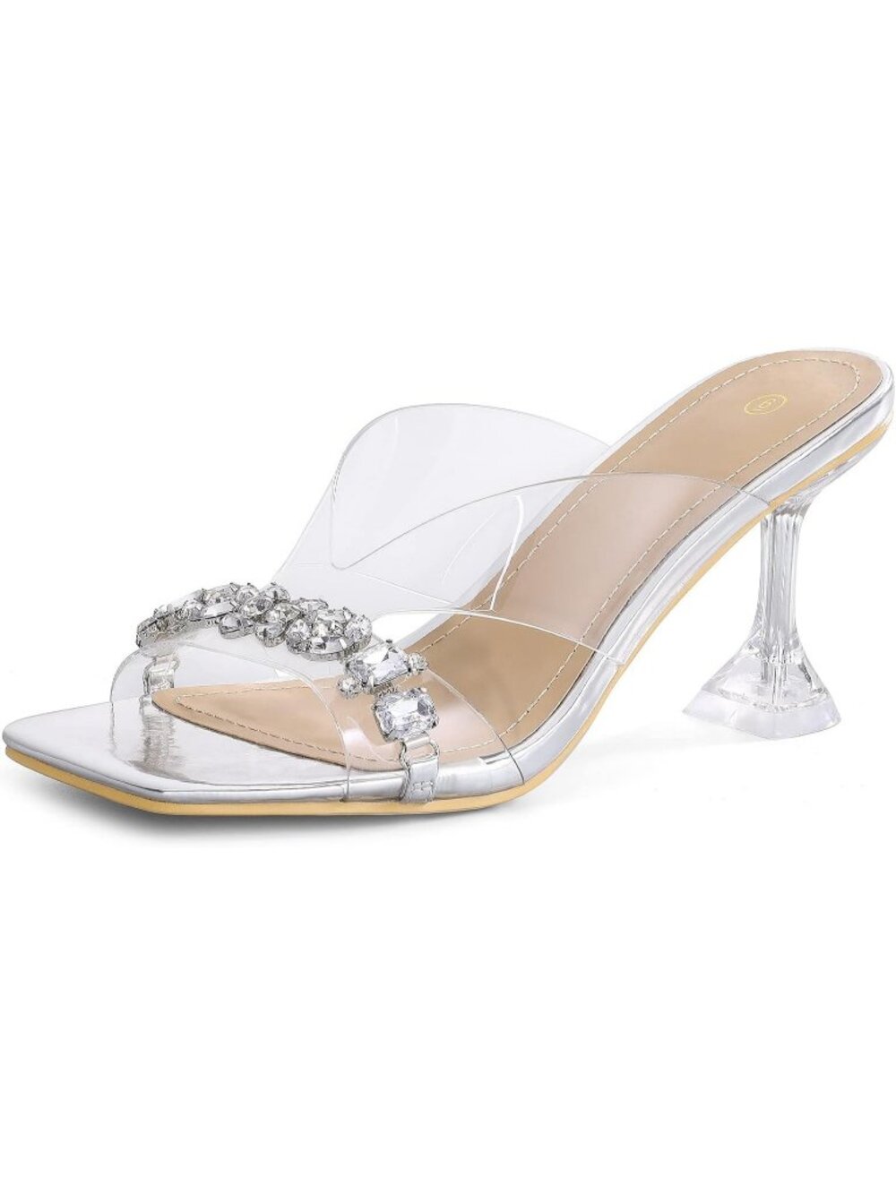 Women's Rhinestones Square Open Toe Transparent Stiletto Mules Clear Heel Sandal